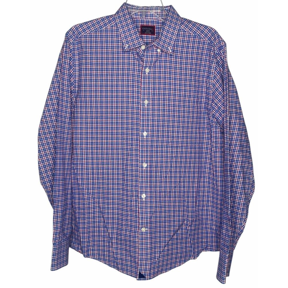 Untuckit Shirt Mens Large Blue Pink Cotton Button Down Preppy Casual Long Sleeve